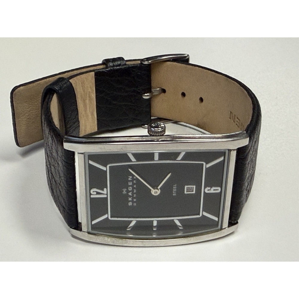 Skagen Denmark 294LSLB1 Men's Rectangular Tank Watch Black Leather New Battery